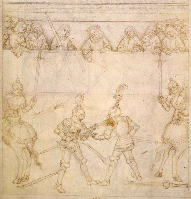 From the Beauchamp Pageant, showing Richard de Beauchamp, Earl of Warwick, fighting against Pandolfo Malatesta in Verona, 1408. The presiding judge (in center) is Galeazzo da Mantova, student of Fiore dei Liberi! 